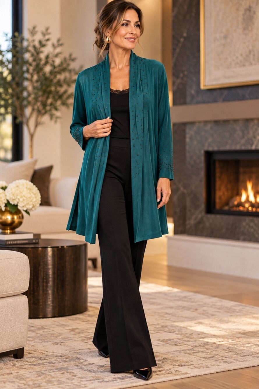 Chico’s Size 2 (L USA) Teal Green Rhinestone Embellished Draped Cardigan Jacket